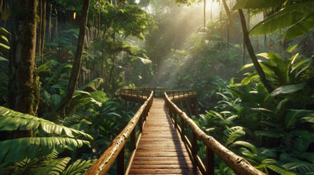 Wooden walkway in the tropical rainforest of Borneo.の写真素材