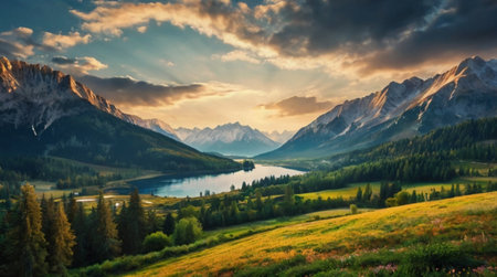 Mountain lake at sunset. Panoramic view of mountains, forest and cloudy sky.の写真素材