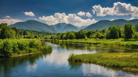 Beautiful summer landscape with river and blue sky with clouds. Panorama.