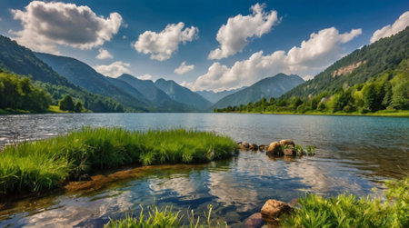 Summer landscape with mountain lake and blue sky with white clouds. Panoramic view.