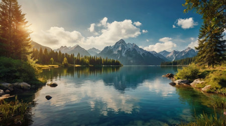 Mountain lake with clear water and reflection of mountains in the waterの写真素材