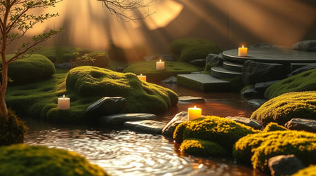 3d render of a fantasy garden with a pond, grass and candlesの写真素材