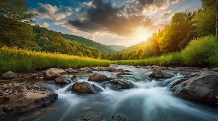 Mountain river at sunset. Beautiful landscape in the Carpathian mountains.の写真素材