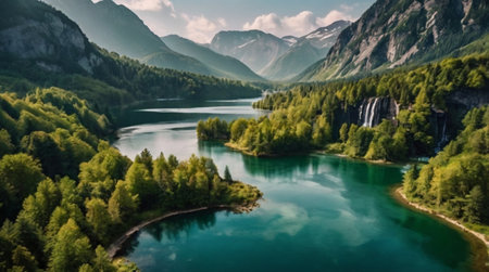 Aerial view of a beautiful mountain lake in the Alps, Austriaの写真素材