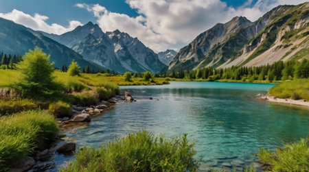 Beautiful turquoise lake in the mountains of Kyrgyzstanの写真素材