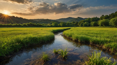 Sunset over rice field in the countryside. Landscape with a river in the foreground.の写真素材