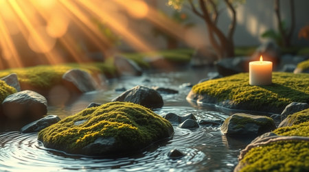 Green moss in the water with a lit candle. 3d renderingの写真素材