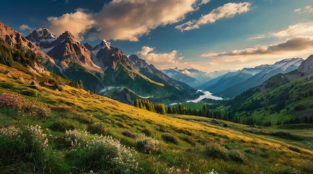 Panoramic view of the valley and mountains at sunset. Beautiful summer landscape.