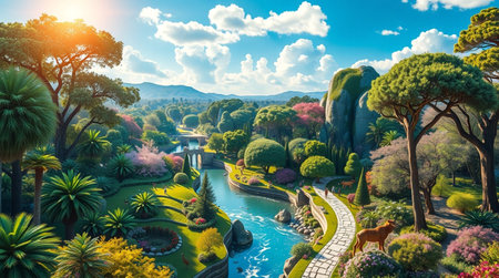 Beautiful view of the park and the river on a sunny day.の写真素材