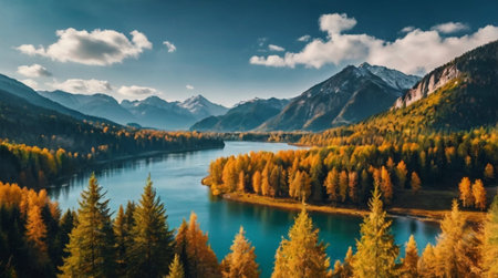 panoramic view of alpine lake in autumn. beautiful nature sceneryの写真素材