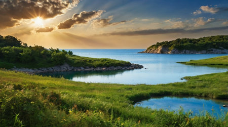 Beautiful seascape at sunset. Panoramic view.の写真素材