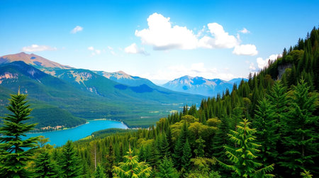 Beautiful mountain landscape with blue lake and coniferous forest.の写真素材