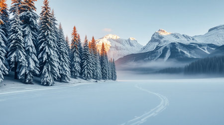 Fantastic winter landscape with snow covered fir trees and mountain lakeの写真素材