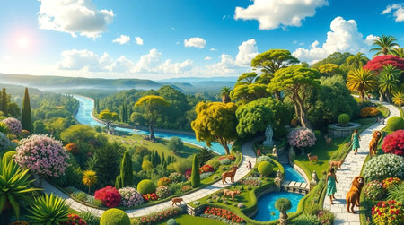 3D render of beautiful landscaped garden with a river in the backgroundの写真素材