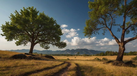 Landscape of a dirt road in the countryside with trees and mountainsの写真素材