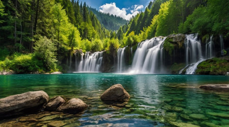 Beautiful waterfall in the mountains of Abkhazia. Panorama