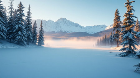 Foggy winter landscape with frozen lake and snow covered mountains.の写真素材