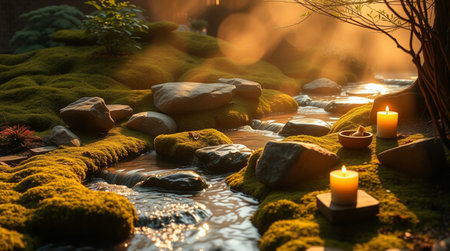 Beautiful green mossy rock garden with burning candle in the darkの写真素材