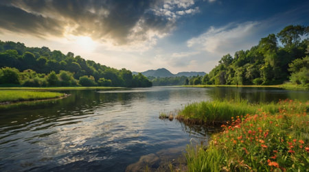 Panoramic view of the river in the forest at sunset.の写真素材
