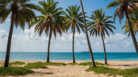 Palm trees on the sandy beach of the Caribbean island of Cuba