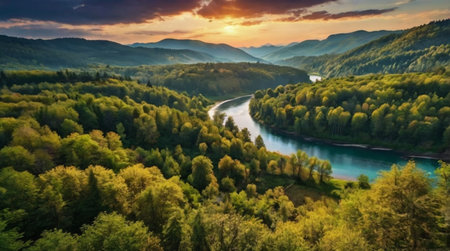 Aerial view of the river and forest at sunset. Beautiful summer landscape