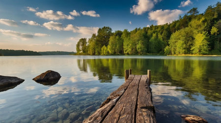 Wooden pier on the lake in the forest. Beautiful summer landscape.