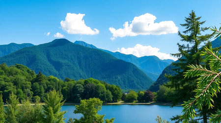 Panoramic view of lake in the mountains. Summer landscape.の写真素材