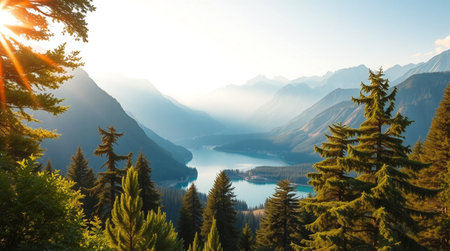 Mountain lake with coniferous trees in the rays of the setting sunの写真素材