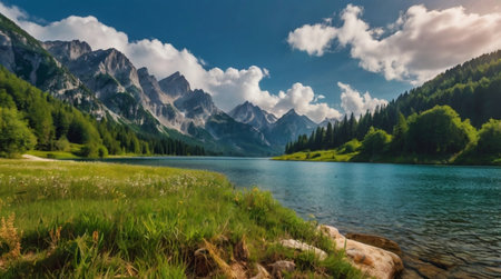 panoramic view of alpine lake in summer, italyの写真素材