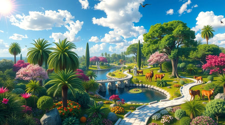 3D rendering of a fantasy garden with a lake and horses.の写真素材