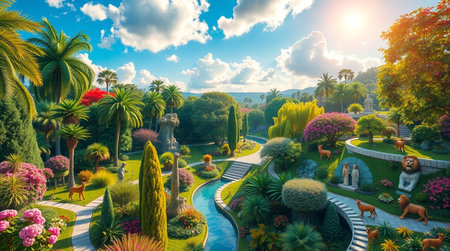 Aerial view of the beautiful garden at sunset. 3D renderingの写真素材
