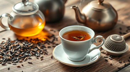 Cup of tea with teapot on wooden table, closeup