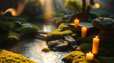 3D render of a fantasy garden with a pond and two candlesの写真素材