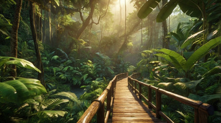 Wooden walkway in the tropical forest with sunbeams.の写真素材