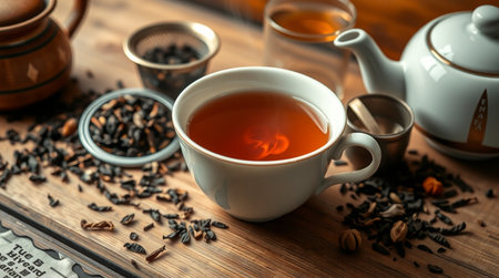 Cup of tea and teapot on wooden table, closeup