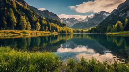 Panoramic view of the alpine lake Obersee in Tyrol, Austria