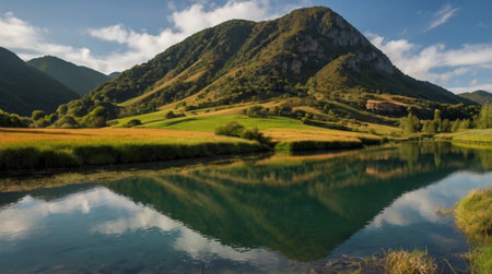 Panoramic view of a mountain lake with a reflection of the mountainsの写真素材