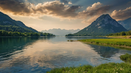 Panoramic view of the alpine lake Brienzersee at sunset, Bavaria, Germanyの写真素材