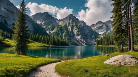 A panoramic shot of a lake in the Dolomitesの写真素材