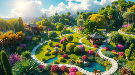 3d render of beautiful landscaped garden with blooming flowers.の写真素材