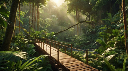 Wooden bridge in the tropical jungle with sunlight and mist, stock photo