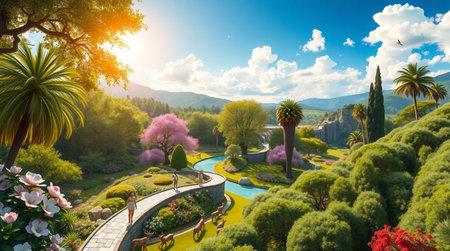 Beautiful spring garden with a pond and trees. 3d renderingの写真素材