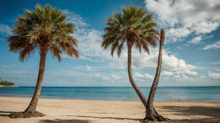 Palm trees on the beach with blue sky and sea background.の写真素材