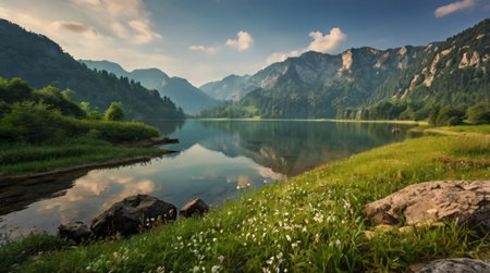 Panoramic view of alpine lake in the Austrian Alps.の写真素材