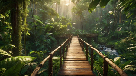 Wooden walkway in tropical rainforest with sunbeams.の写真素材