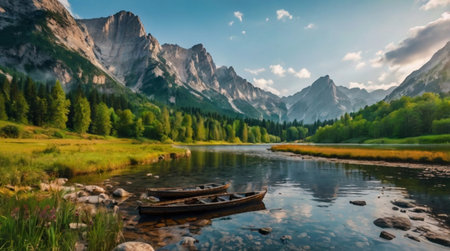 Panoramic view of the lake in the Dolomites, Italyの写真素材