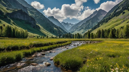 Panoramic view of a mountain river in the Altai mountains