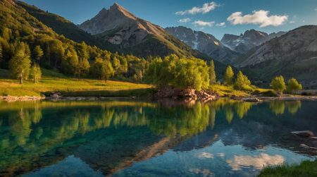 Beautiful alpine lake with reflection of mountains and clouds in the water