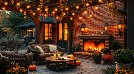 3D rendering of a cozy terrace with a fireplace and an armchairの写真素材