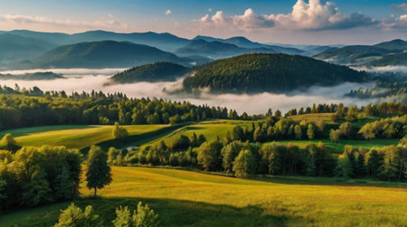 Foggy summer landscape in the Carpathian Mountains, Ukraine